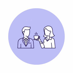 Line art illustration of a woman serving a cup of coffee to a man in a suit, set against a light purple circle.