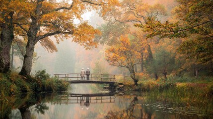 Elderly couple on tranquil bridge surrounded by autumn trees and misty lake
