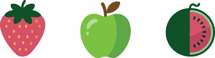Fresh Fruit Icons, Strawberry, Apple, Watermelon, Simple and Colourful Design