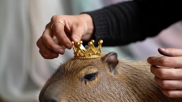 Adorable capybara being crowned with a small golden crown, highlighting its calm demeanor and the playful interaction with humans, creating a charming and whimsical moment
