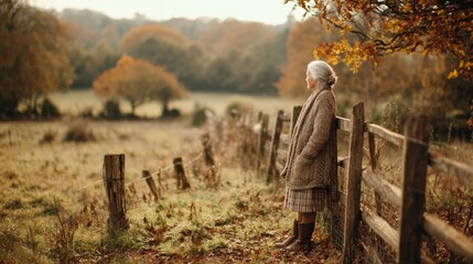 Elderly caucasian female enjoying autumn landscape in countryside