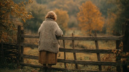 Elderly caucasian woman in autumn sweater admiring fall landscape