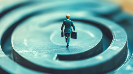 Man in a suit is running through a maze with a briefcase in his hand