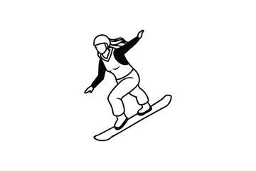 Female snowboarder riding down the slope in winter simple black and white silhouette