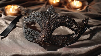 Elegant black masquerade mask on luxurious satin fabric with candlelight ambiance