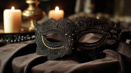 Elegant black lace masquerade mask on satin with candlelit ambiance