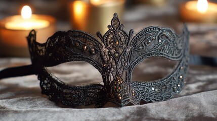 Intricate black lace masquerade mask with candlelight glow