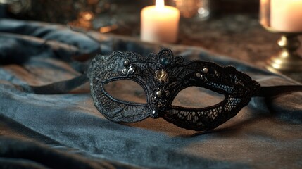 Intricate black lace masquerade mask on satin with candlelight ambiance