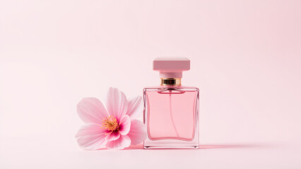Elegant Pink Perfume Bottle with Flower on Pastel Background