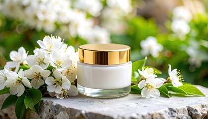 Cream jar surrounded by spring blossoms
