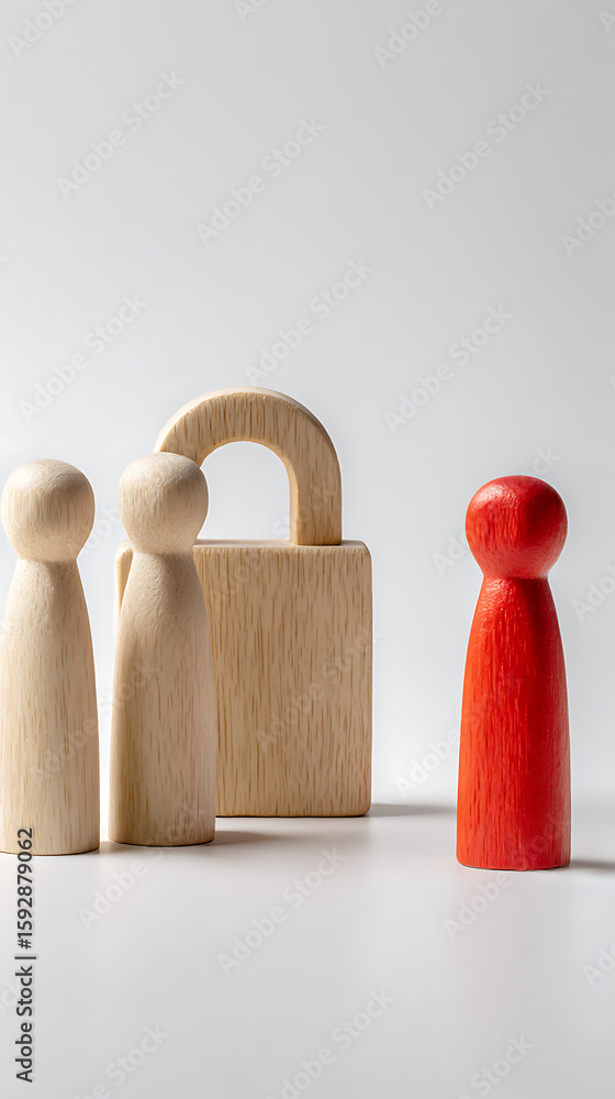 Fototapete wooden figures and padlock representing security or exclusion isolation