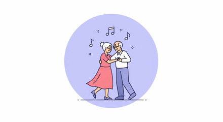 Elderly couple joyfully dancing together, surrounded by musical notes, illustrating a happy retirement.