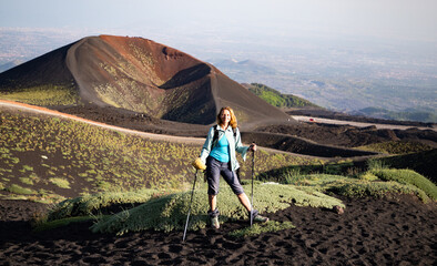 hiker trekking on mount Etna