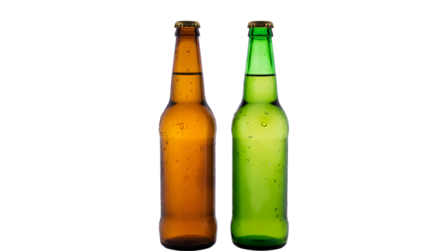 Two cold beer bottles, one amber and one green, isolated on white isolated on transparent background