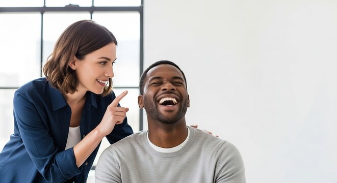 Woman playfully points at man laughing in a bright modern office - Powered by Adobe
