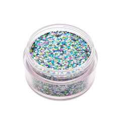 Jar of colorful cosmetic glitter