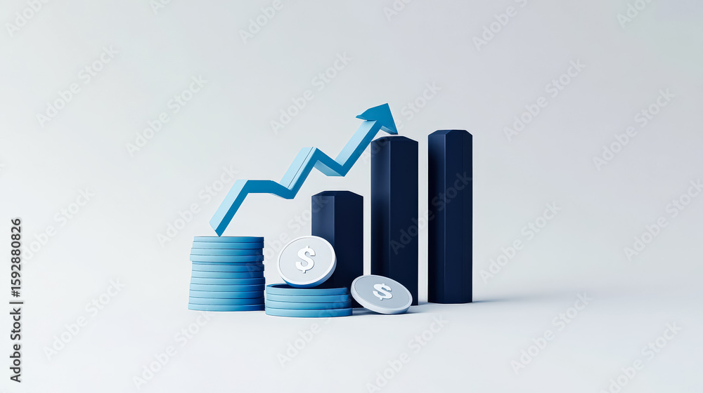 Poster Stack of coins and a graph with an arrow pointing upwards