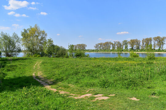 Hiking trail leading to lake, scenic view of the Ooijpolder nature reserve in Ooij, Berg en Dal near Nijmegen, the Netherlands. Travel Europe