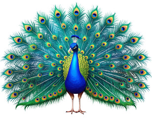 Illustration of a peacock with vibrant blue body and a full display of its colorful tail feathers
