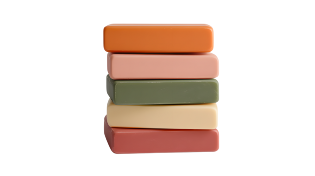 A stack of five colorful handmade soap bars isolated on a transparent background - Powered by Adobe