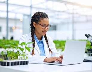 Young woman in lab coat using laptop