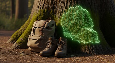 Hiking backpack & boots rest by a moss-covered tree, illuminated by a glowing green topographical map, inviting a quiet interlude in nature.