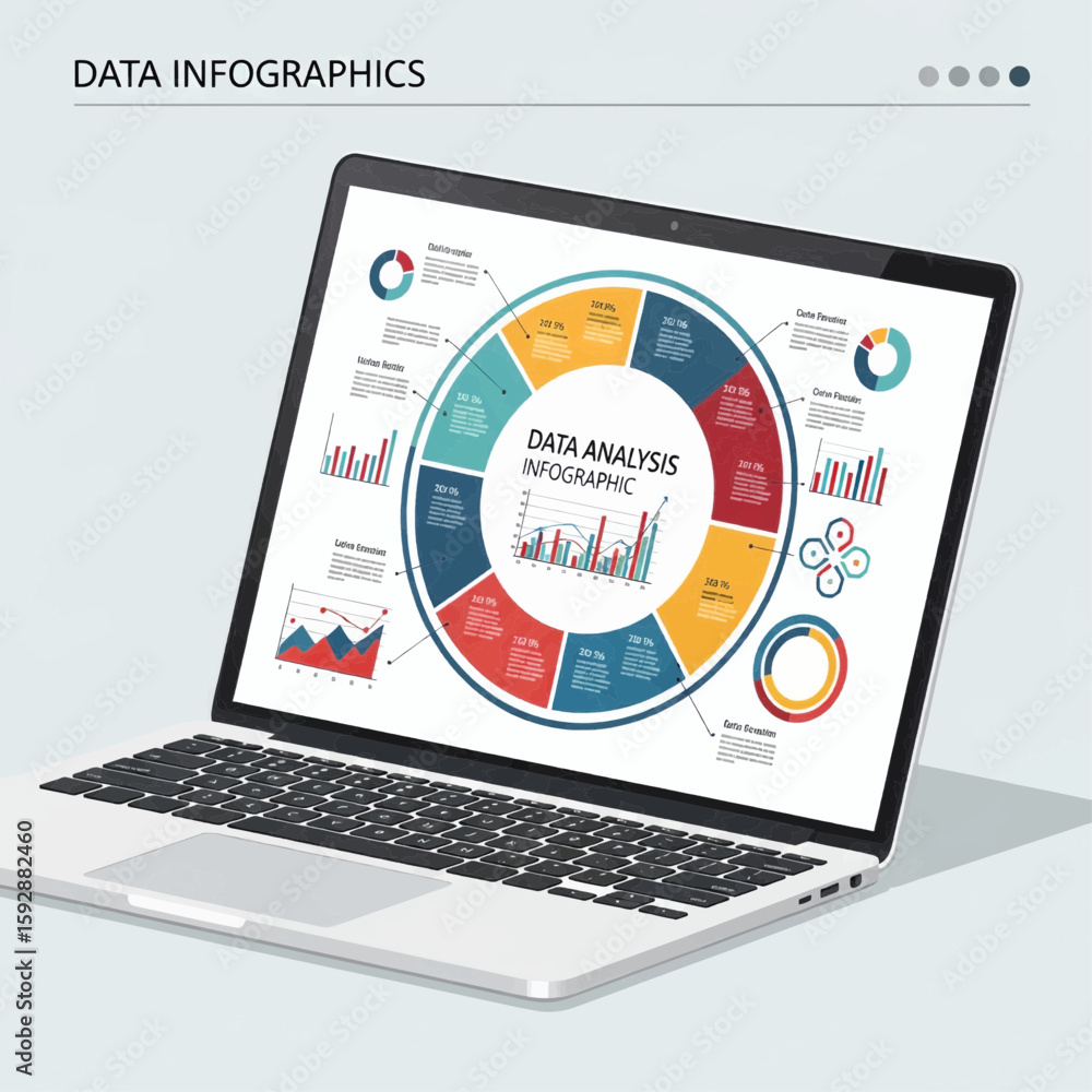 Poster laptop displaying a comprehensive data analysis infographic with circular and bar charts.