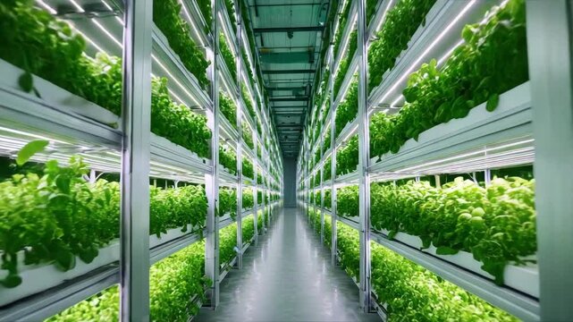 A futuristic view inside a vertical farm, with rows of green crops under LED lights.