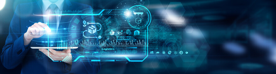 Fleet Manager - Distribution Head using tablet analyzing Logistics route optimization algorithms and carrier performance KPIs, fuel consumption analytics. Last-mile delivery SLAs.