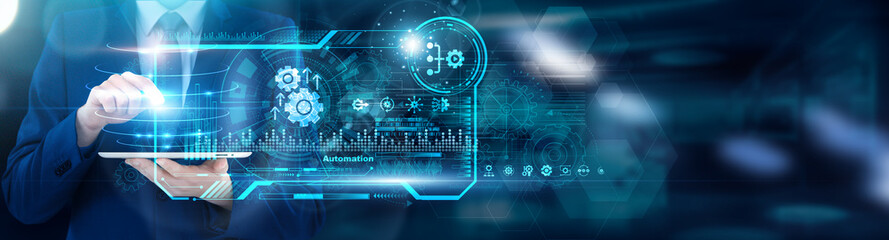 Robotics Engineer - RPA Developer using tablet analyzing Automation process cycle-time reductions...