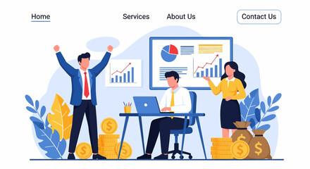 Adobe illustrator vector flat style illustration of landing page of business success with a triumphant team, growth charts, and money stacks