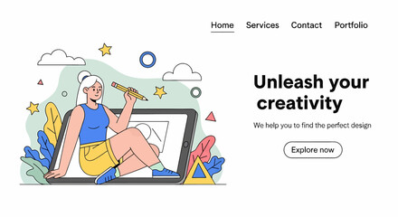Adobe illustrator vector flat style landing page of a woman drawing on a digital tablet, symbolizing creativity and design