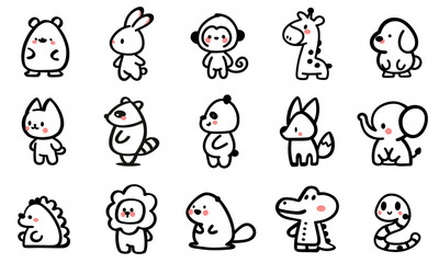 Obraz premium Doodle style Icons set of cute animals in simple minimalistic design