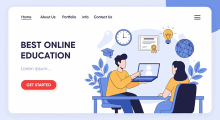 Adobe illustrator vector flat style illustration of landing page website of online education with students, laptop, and learning icons