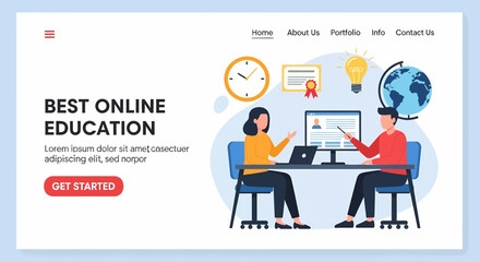 Adobe illustrator vector flat style illustration of landing page website of online education with students, laptop, and learning icons