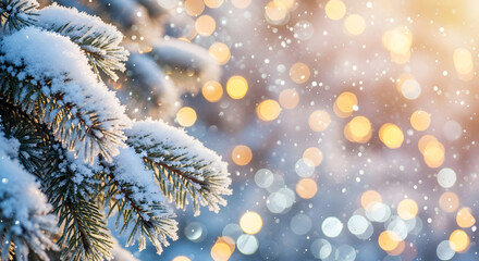 Sparkling Snow-Covered Pine Branch with Bokeh Lights A Winter Holiday Scene for Festive Designs