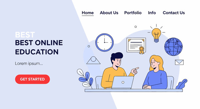 Adobe illustrator vector flat style illustration of landing page website of online education with students, laptop, and learning icons