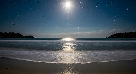 Fototapeta premium Tranquil Moonlit Beach at Night with Starry Sky and Reflecting Ocean. Ethereal Coastal Seascape with Gentle Waves on Sand.