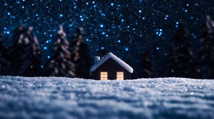 Naklejka premium Cozy snow-covered cottage nestled in a serene winter night landscape