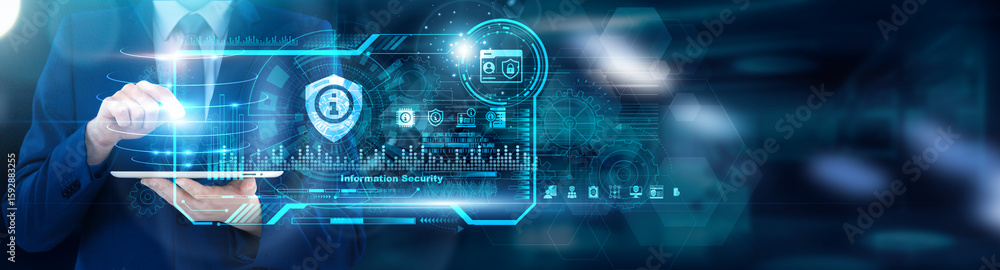 Poster ciso using tablet analyzing information security firewall policy violations and phishing susceptibil
