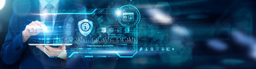 CISO using tablet analyzing Information Security firewall policy violations and phishing susceptibility rates, patch compliance gap analysis. DLP alert correlation dashboards.