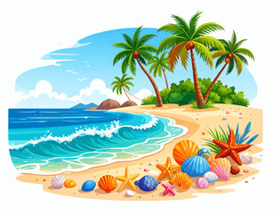 Illustration of a tropical beach with palm trees, seashells, and ocean waves on a sunny day scene