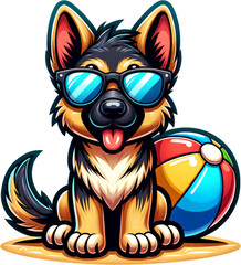 Dog's Sunny Day: A vibrant illustration showcases a friendly dog sporting sunglasses and a beach ball, perfectly embodying the spirit of fun and leisure. 
