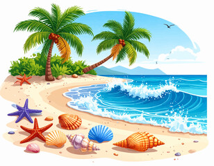 Illustration of a tropical beach scene with palm trees, seashells, and starfish on the sand