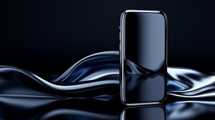 Sleek, dark smartphone with ultra thin bezels standing upright on a reflective, wavy surface, exuding a sense of luxury and innovation in a futuristic ambiance