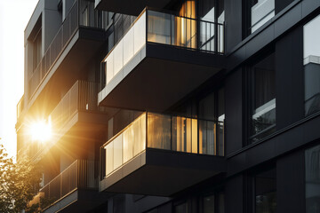 Modern residential building with balconies at sunset