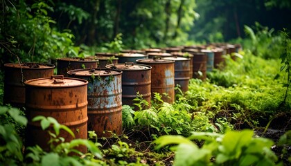 Rusty barrels in a lush forest