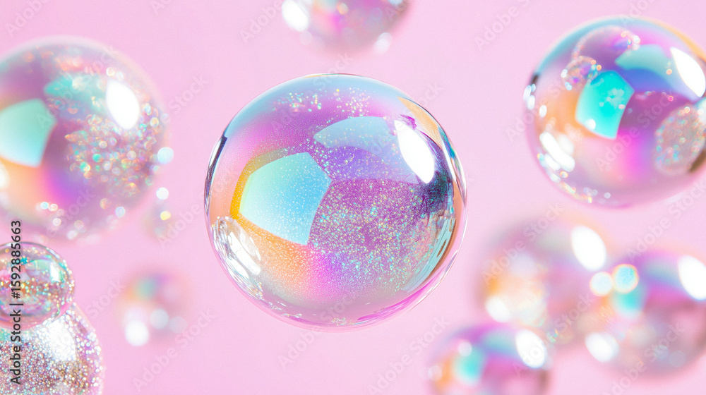 Poster rainbow-hued soap bubbles floating over a soft pastel backdrop