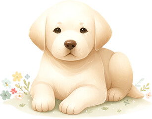 Golden Retriever Puppy: A cute, charming golden retriever puppy, with its soft fur and gentle eyes, rests amidst colorful flowers, capturing the warmth and playfulness of childhood.