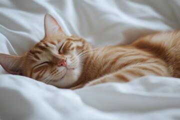 Sleeping orange tabby cat with contentment. A pet cat that is comfortable and relaxed indoors.